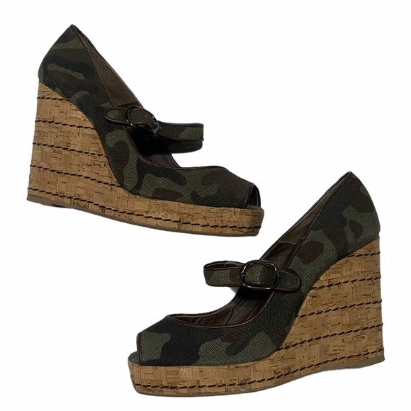 Castaner Silvia Camo Print Cork Espadrille Peep Toe Mary Jane Strap Sz 7.5 - Picture 4 of 11